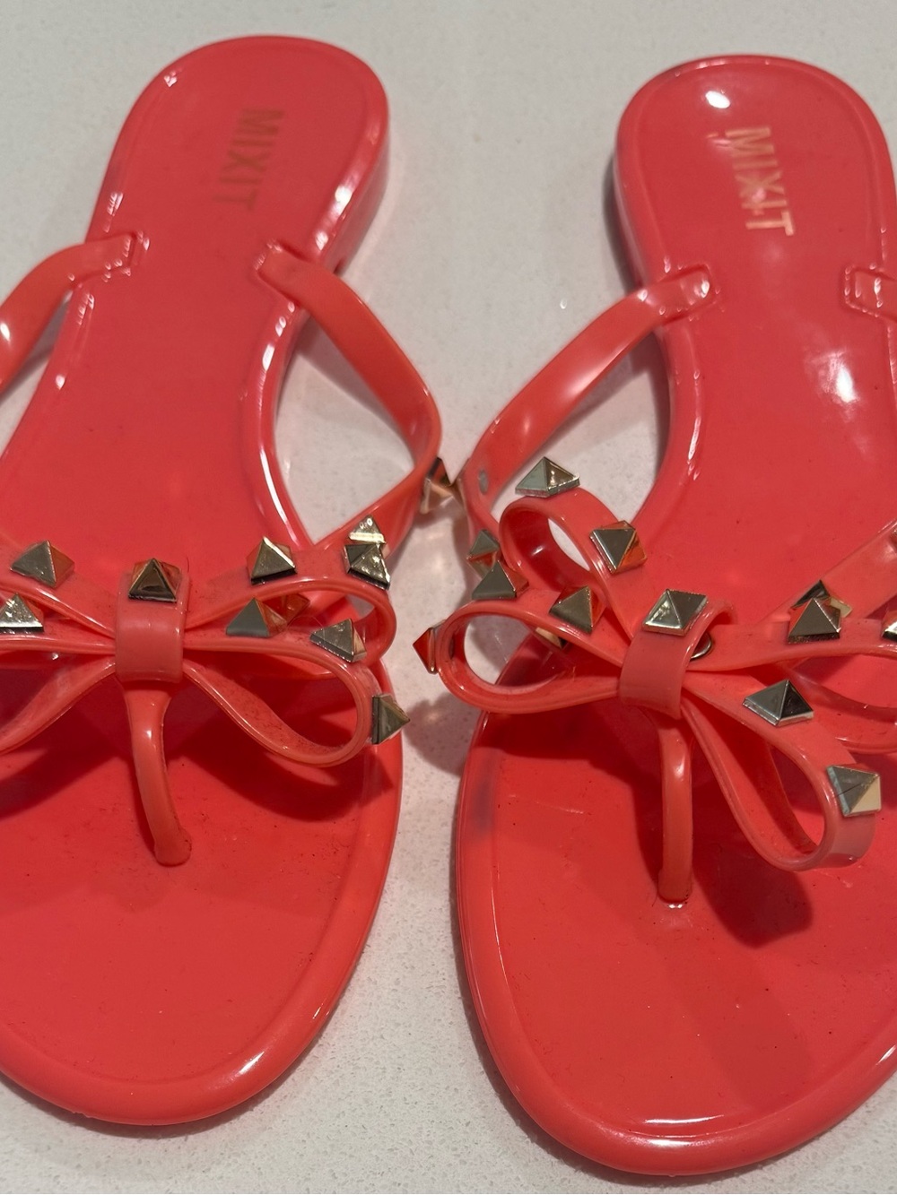 Mixit Coral Bow Studded Jelly Sandals with Gold Accents
